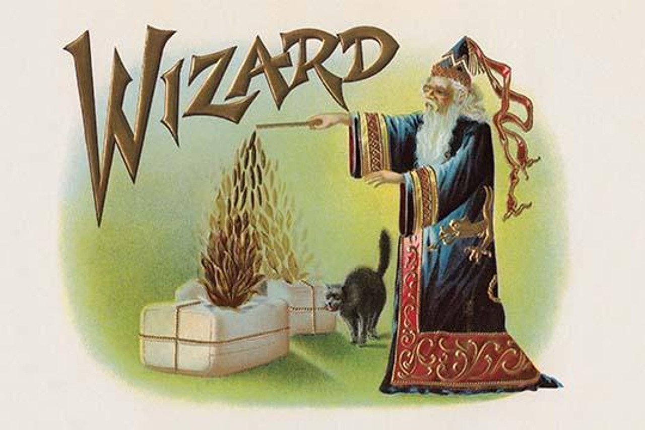 A vintage cigar label featuring a wizard using his magic wand ...
