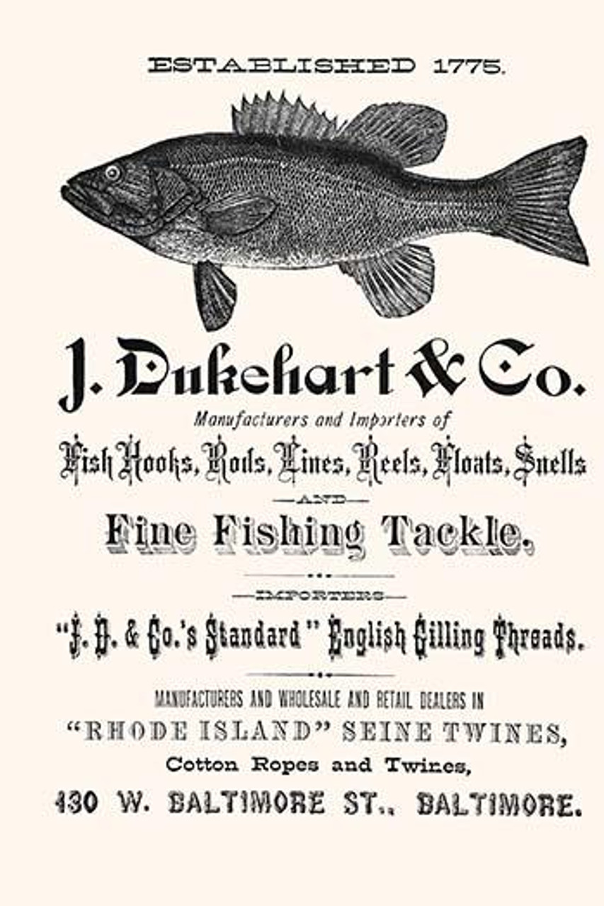 An old newspaper advertisement from the J. Dukehart company to entice  fishermen to order a fishing supplies, tackle, lures, and special line.  Poster Print by unknown - Item # VARBLL0587300884 - Posterazzi