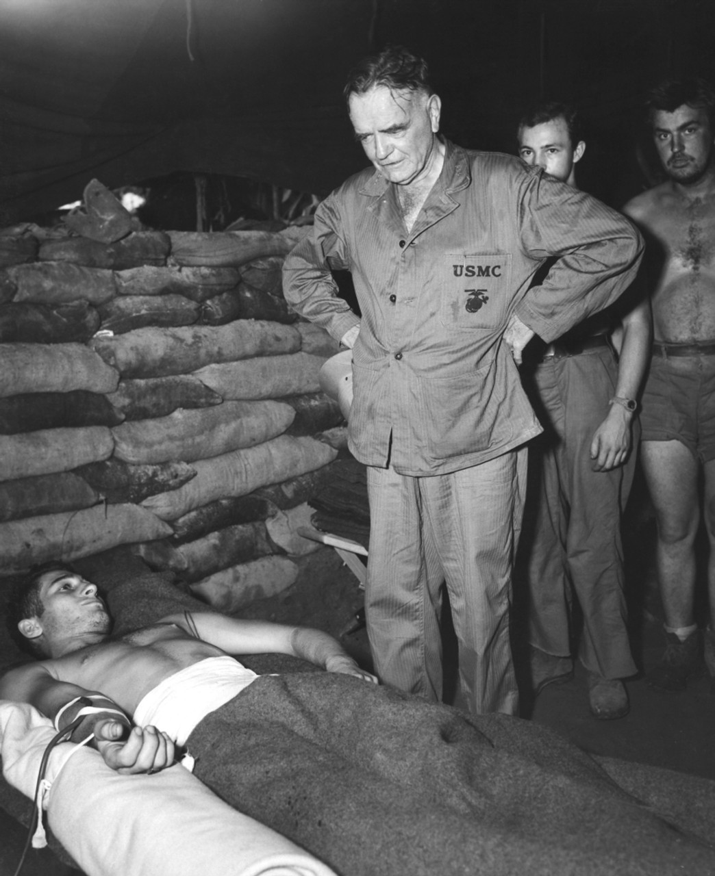 Admiral William Halsey Visiting A Sandbagged Hospital Dugout At Bougainville The Soldier Is