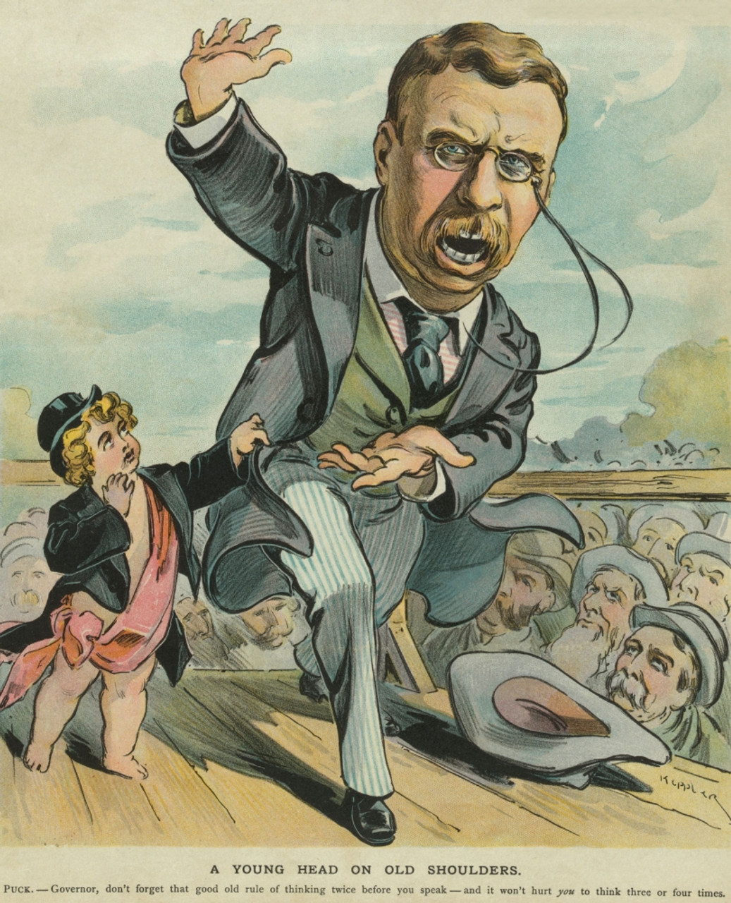 Theodore Roosevelt como dos caras de una pieza de juego de Ajedrez Jano, en  PUCK Mag. Cartoon, 9 de noviembre de 1910. A la izquierda está el Roosevelt  National Salvador; a la