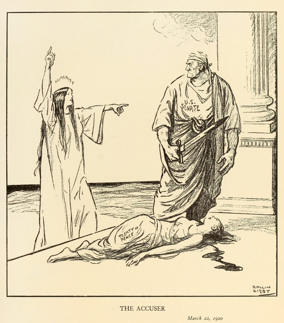 The Accuser Political Cartoon About The U S Rejection Of The Treaty Of Versailles After Ww1 Personification Of Humanity Confronts The U S Senate For The Murder Of Treaty Of Peace By New York Cartoon competition design your own cartoon about the treaty of versailles for a newspaper in 1919. the accuser political cartoon about the u s rejection of the treaty of versailles after ww1 personification of humanity confronts the u s senate