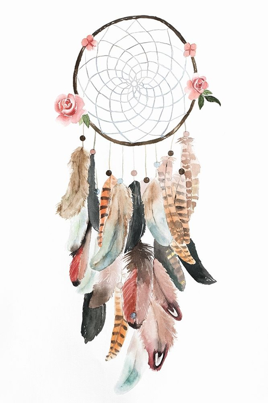 CIRCULAR DREAM CATCHER WITH ROSES AND FEATHERS Poster Print by