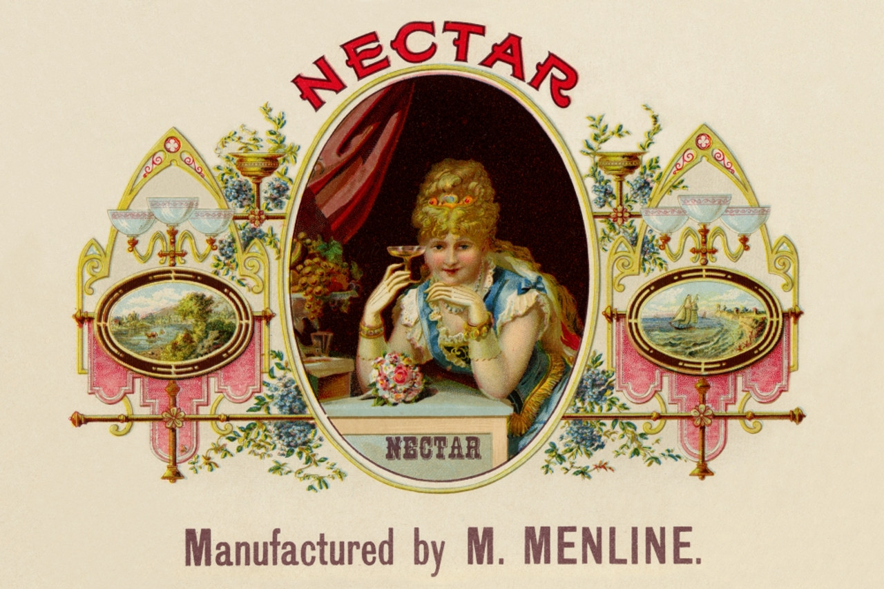 Nectar Cuban cigar label. Cigar label art was mass produced between 1880  and 1920 using the lithographic process. The reason for this new form of 