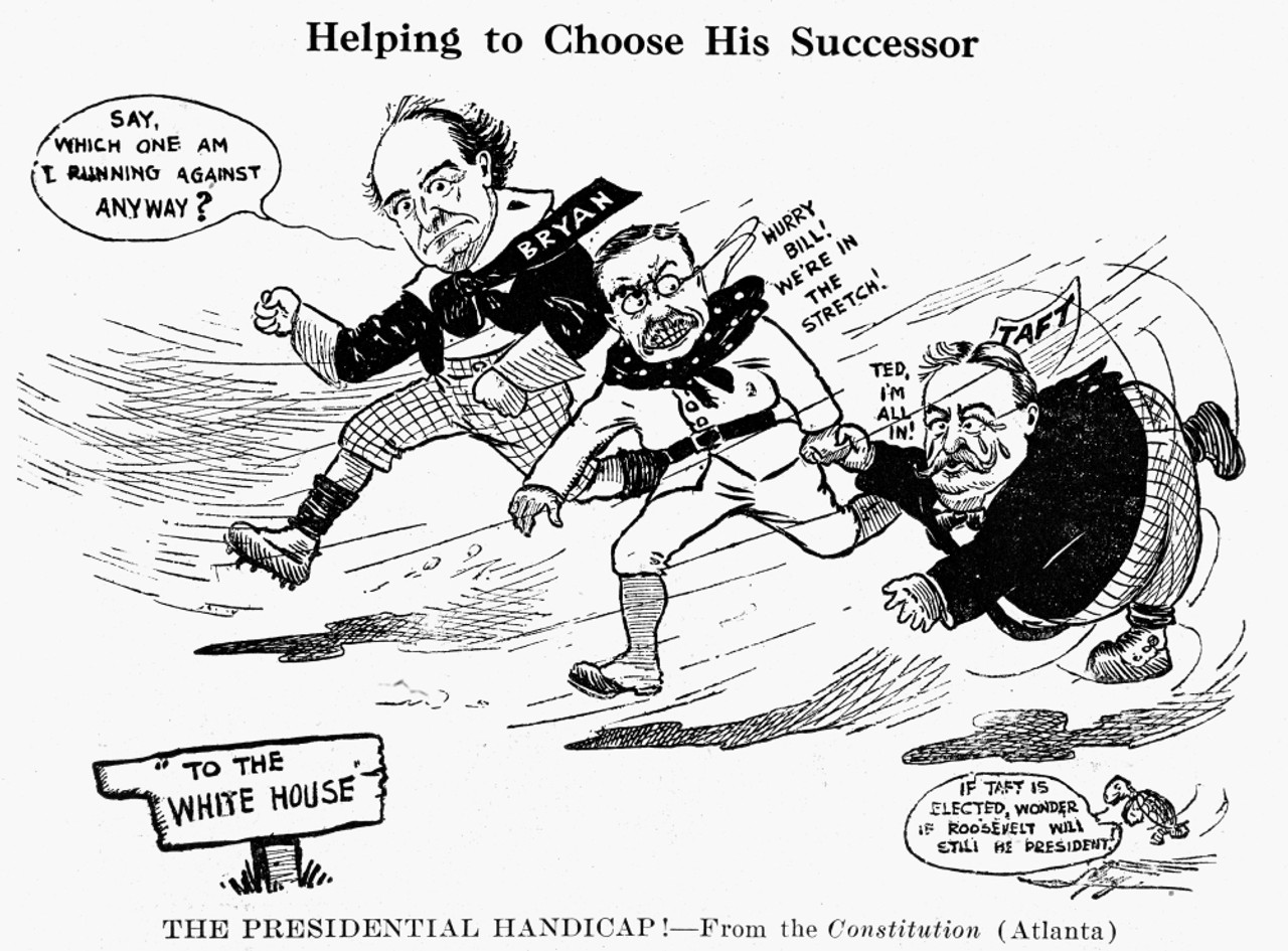 Presidential 1908. /N'The Presidential Handicap!' Democratic Candidate William Jennings Bryan Finds Has To Compete Not With Republican Candidate William Howard Taft, But Also With President Theodore Roosevelt, Taft'S Mentor,