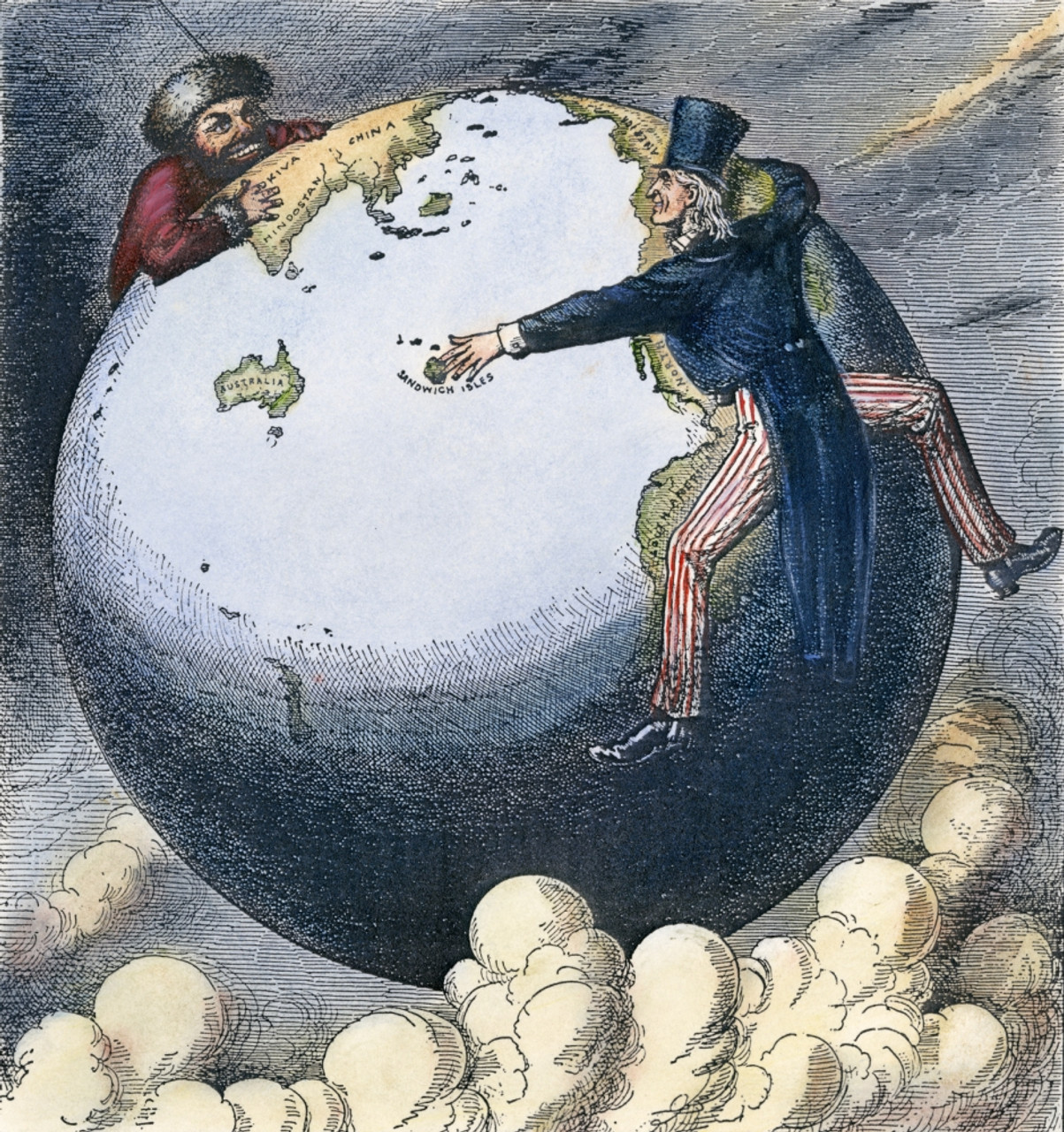 Cartoon: Imperialism, 1876. /N'The Two Young Giants, Ivan And Jonathan,  Reaching For Asia By Opposite Routes.' American Cartoon Occasioned By The  United States' Signing A Commercial Pact With Hawaii And Russia'S Expansion