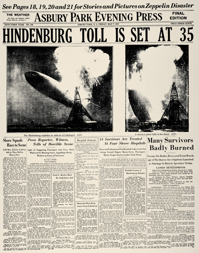 Hindenburg Exploding, 1937. /Nfront Page Of The Asbury Park (New