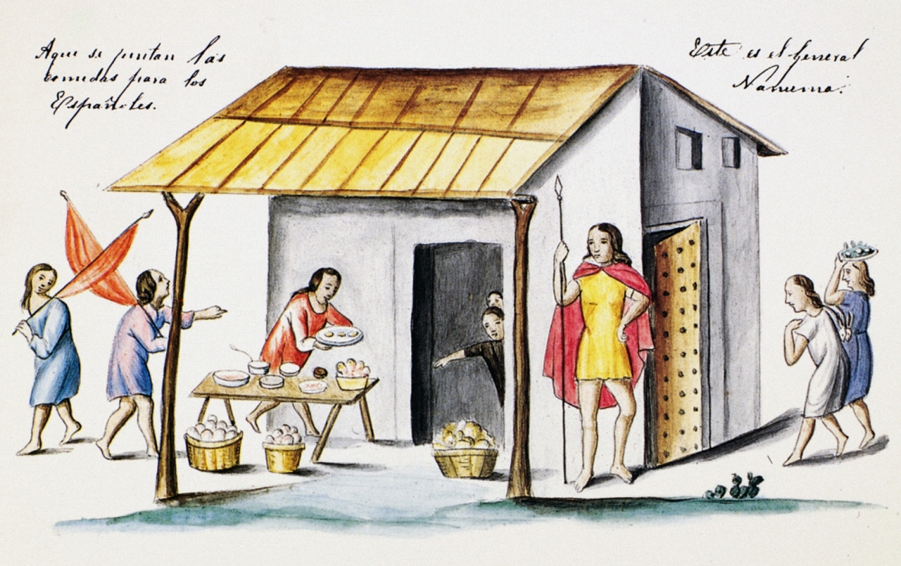 Mexico Spanish Explorers. Ngeneral Nanuma Watching His Men Prepare A Meal For The Spanish Explorers Of Mexico In The 16Th Century. Drawing C1750