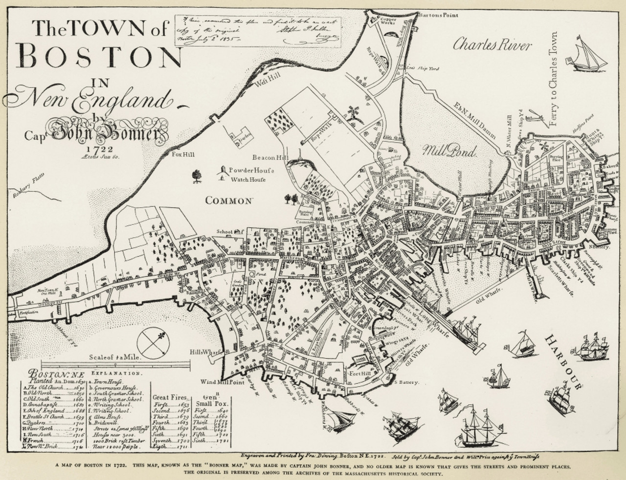 額装品　リプロダクション　1722年　J. ボナー　「ボストン都市図」 Vintage Map The Town of Boston Mass 1722 Captain John Bonner