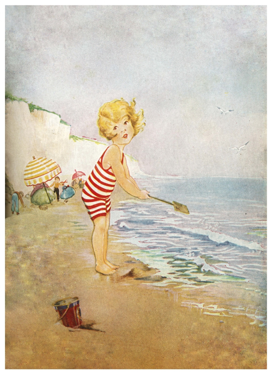 A little girl shovels and into the waves on the beach. Painter and  illustrator Eugenie Mary Kathleen Richards commonly known as Eugenie  Richards was