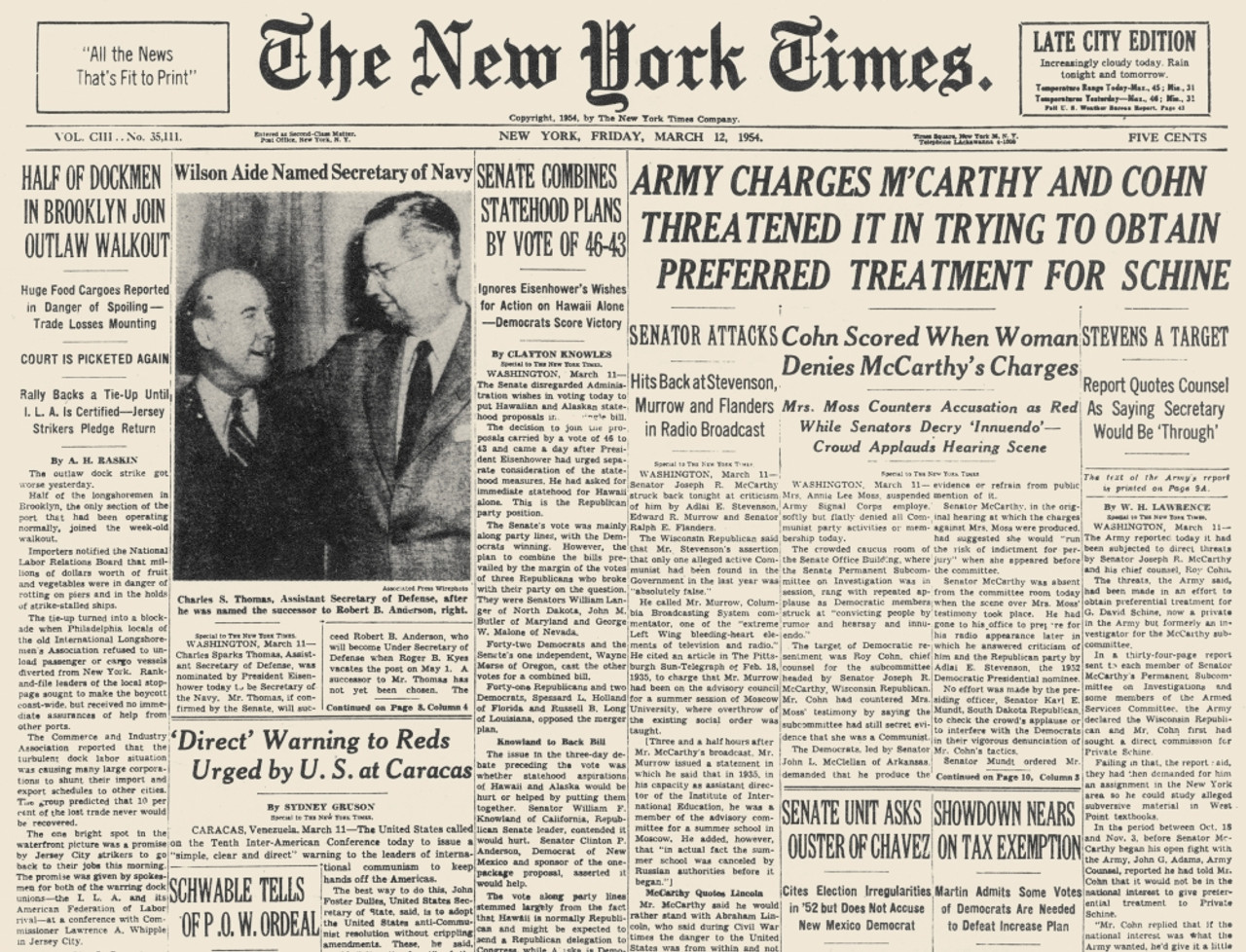 Mccarthy Hearings, 1954. /Nfront Page Of The New York Times, 12