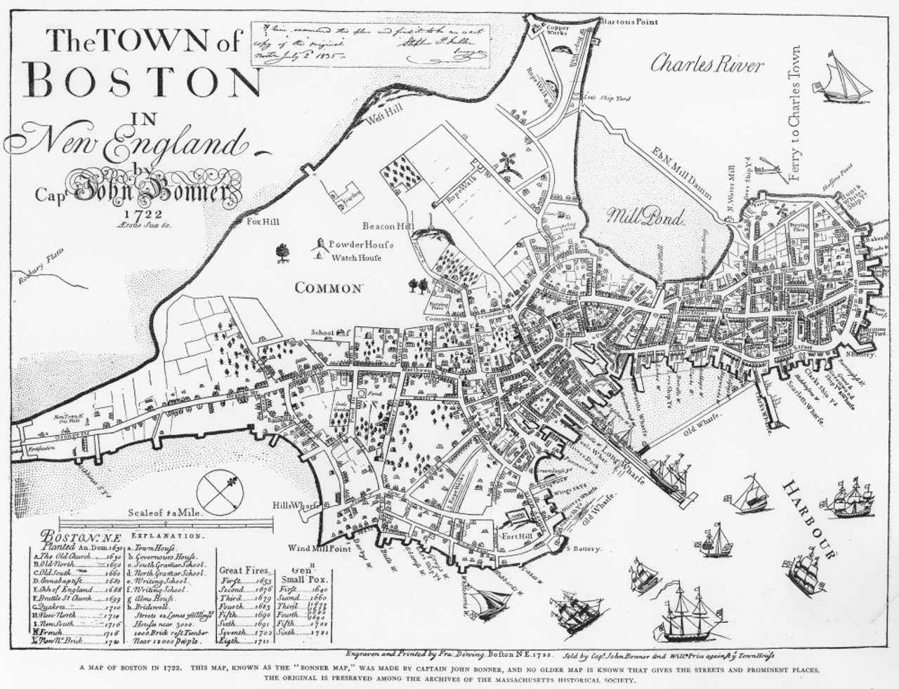 額装品　リプロダクション　1722年　J. ボナー　「ボストン都市図」 Boston Map, 1722. /Nengraved Facsimile By George G. Smith