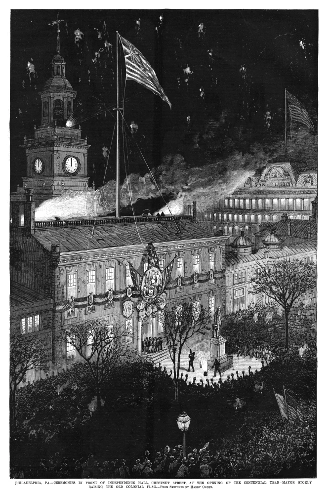 Centennial Fair, 1876. /Nphiladelphia Mayor William Stokley Raising The Old Colonial American Flag During A Ceremony In Front Of Independence Hall In Philadelphia, Pennsylvania, During The Centennial Exposition, 4 July 1876.