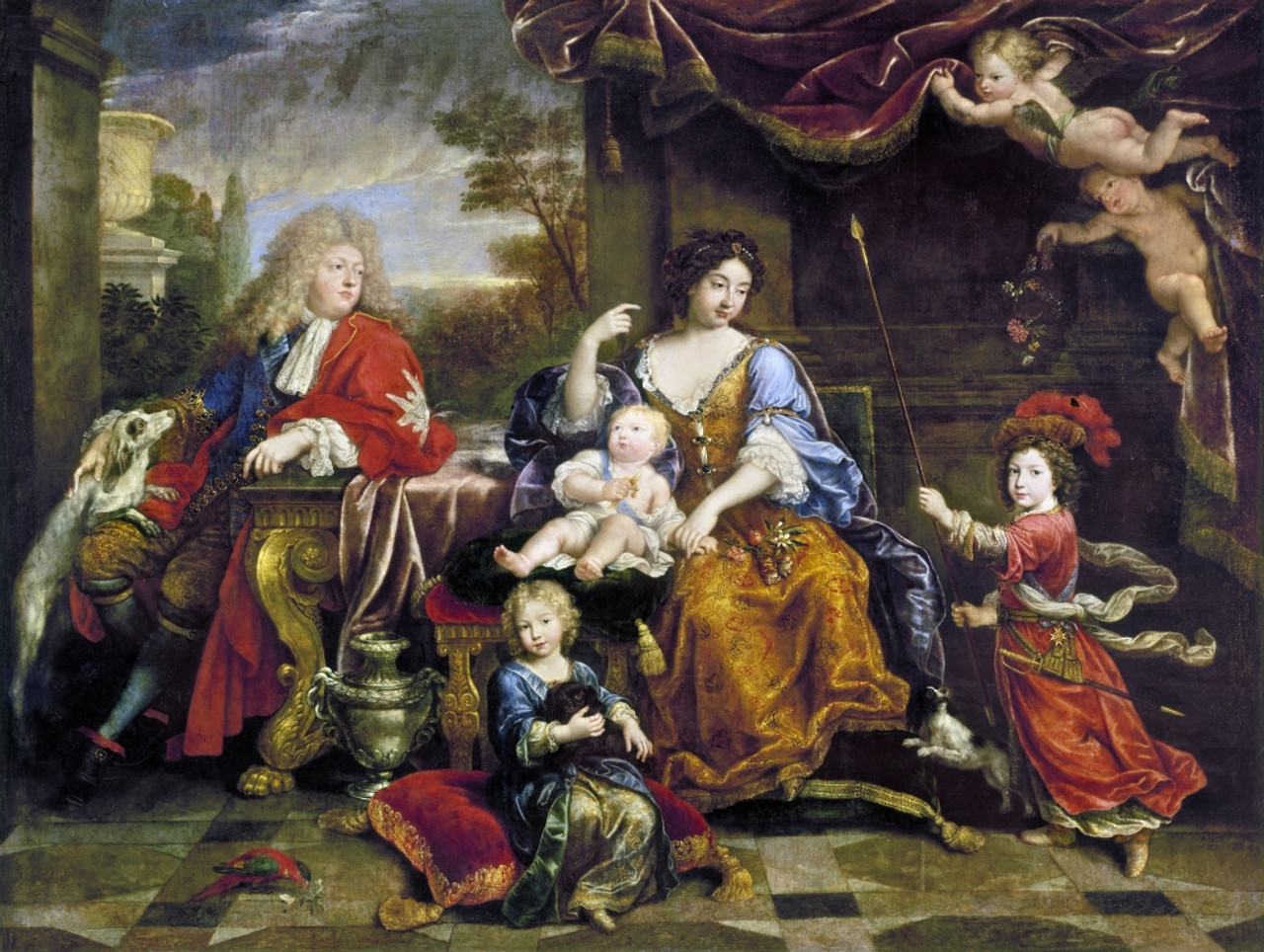  Louis Xiv (1638-1715) Nking Of France 1643-1715 Louis Xiv  (Seated) And His Heirs The Duc DAnjou The Future King Louis Xv Is Shown At  Left With His Governess Madame De Ventadour