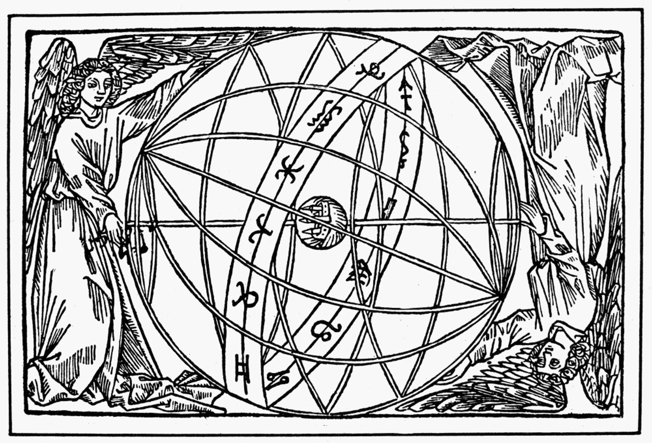 Armillary Sphere, 1509. /Ntwo Antipodal Angels Holding An Armillary Sphere  With The Zodiac. Woodcut From An Edition Of Johannes De Sacrobosco'S