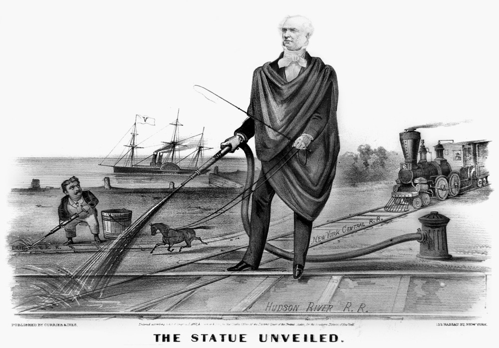 Cornelius Vanderbilt N 1794 1877 American Financier The Statue Unveiled Cartoon Depicting Vanderbilt The Colossus Of Rhodes Watering The Crossroads Of The New York Central And The Hudson River Railroads While Holding A Whip