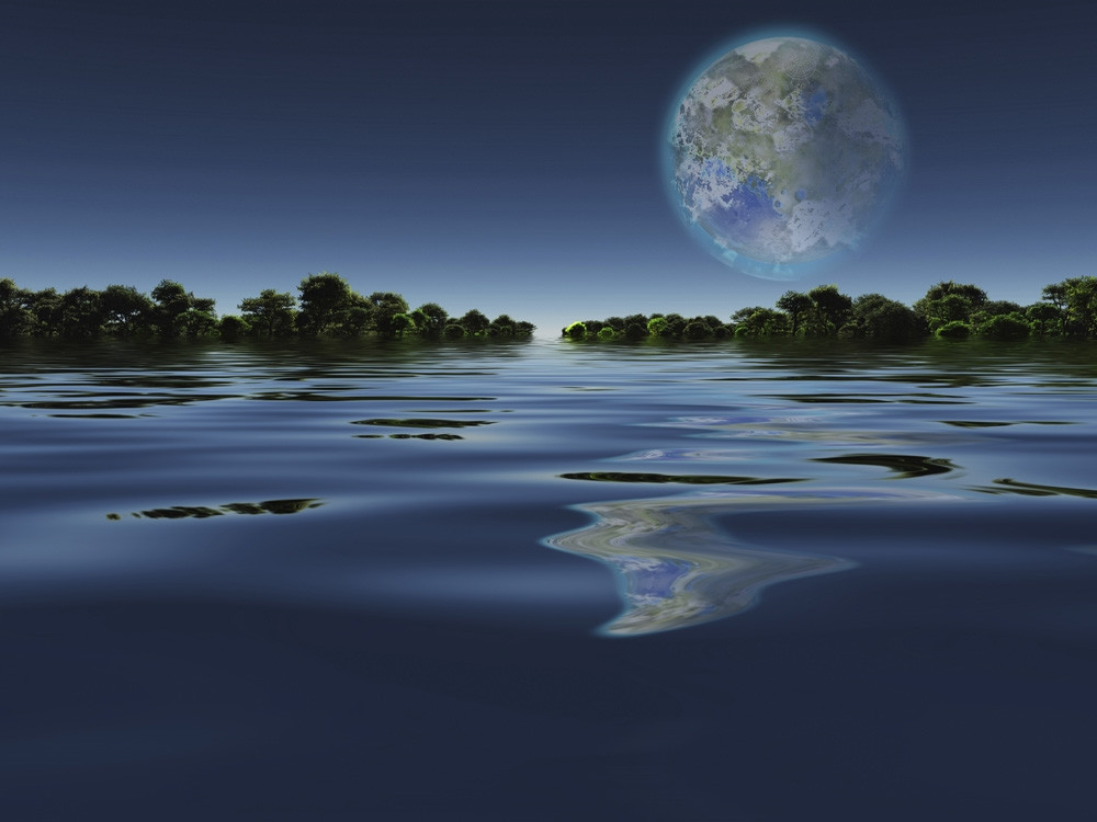 Terraformed Moon. View from Earth or Exo Solar Planet. Calm water