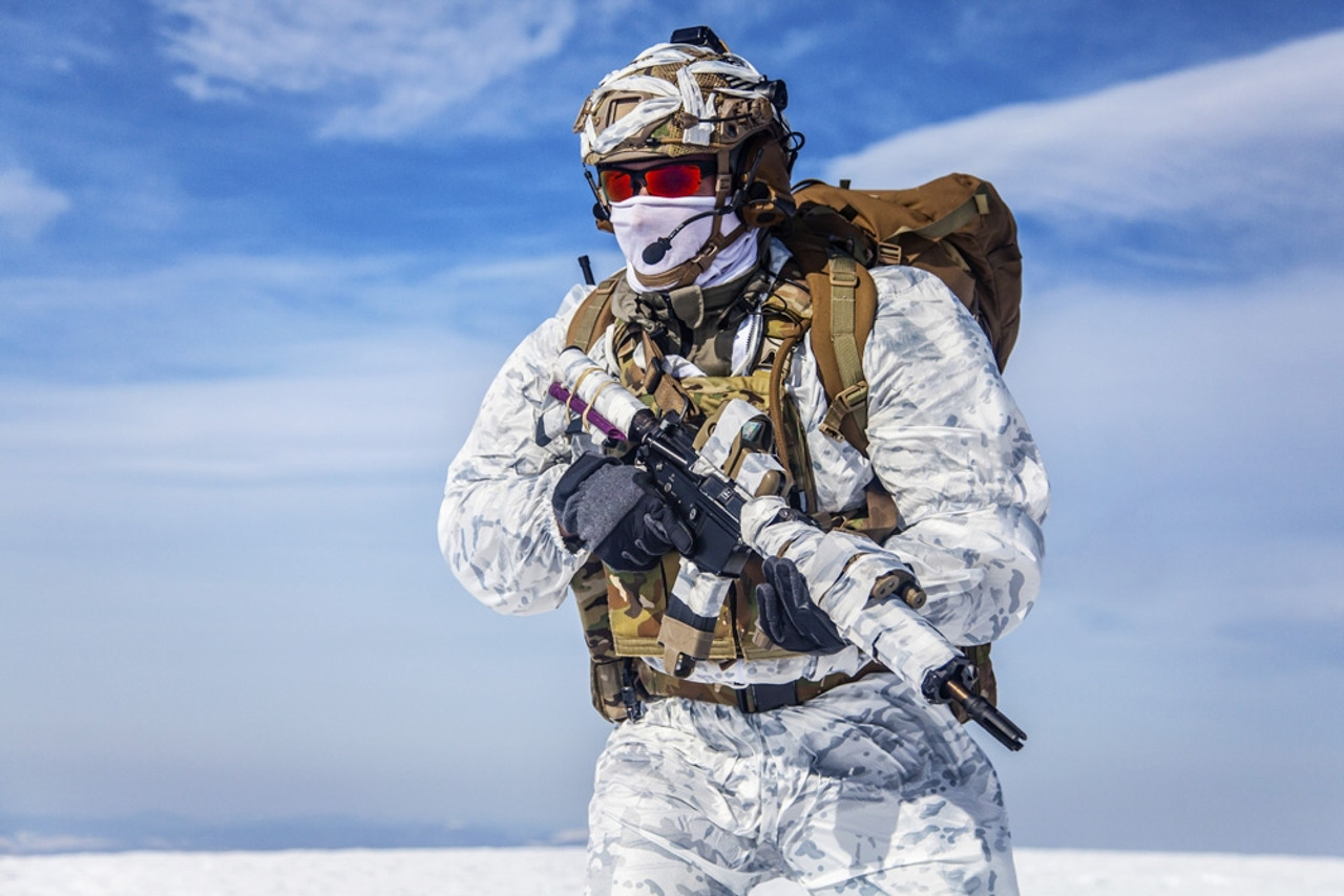 Army serviceman in winter camo somewhere in the Arctic. Poster