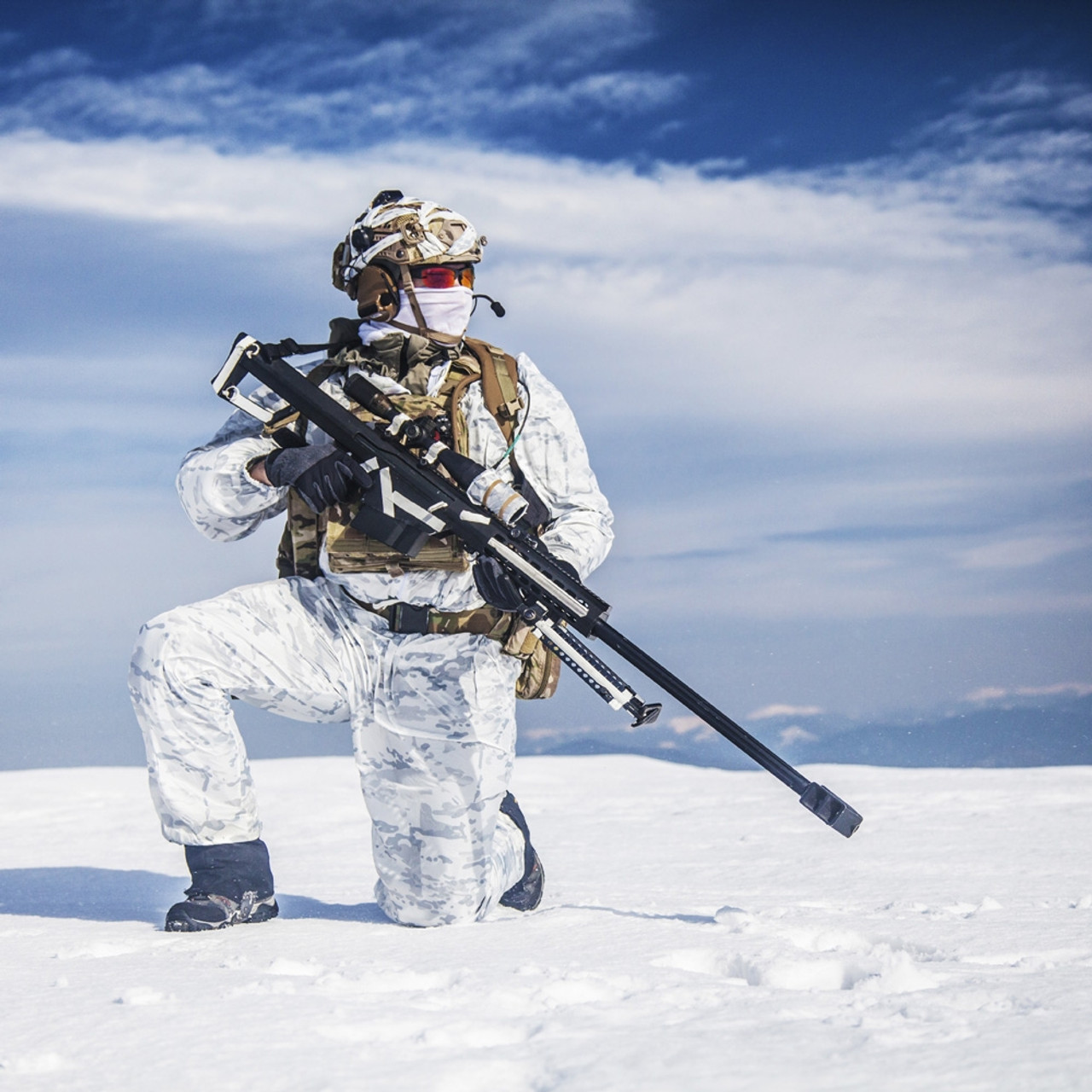 Army soldier with sniper rifle in action in the arctic. Poster