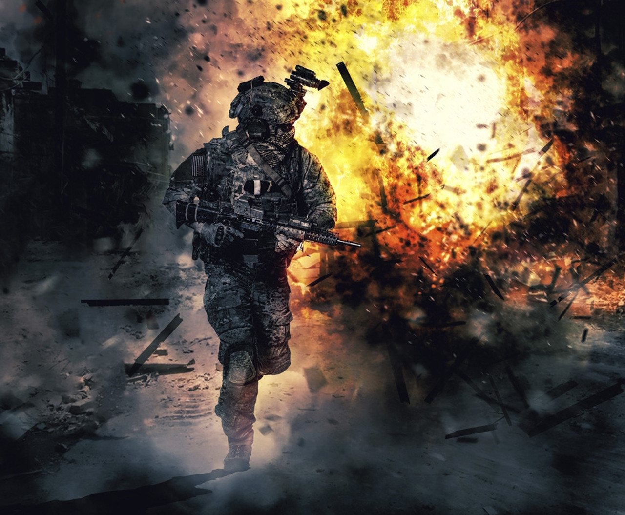 Army soldier in action. Great explosion with fire and smoke billows in the  background. Poster Print by Oleg Zabielin/Sto - Item # VARPSTZAB103494M -  Posterazzi