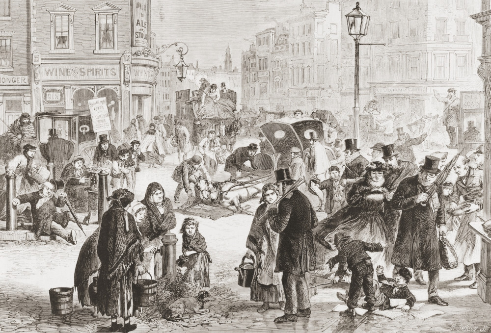 An icy cold day in London, England in the 19th century. From L