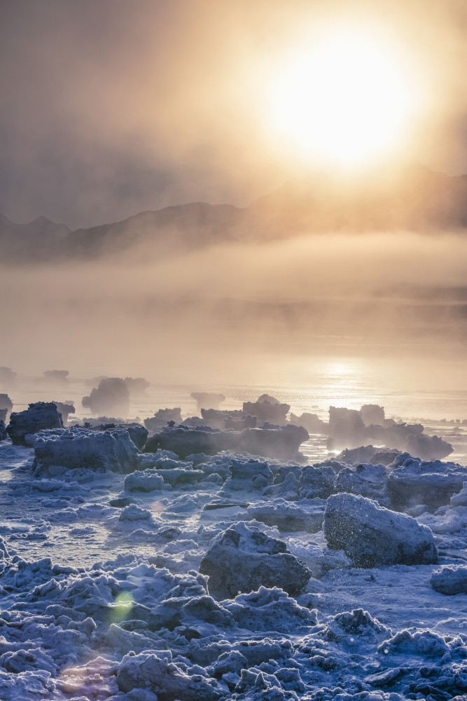 Low Altitude Fog Is Cast Warm Sunset Light Along Turnagain Arm And