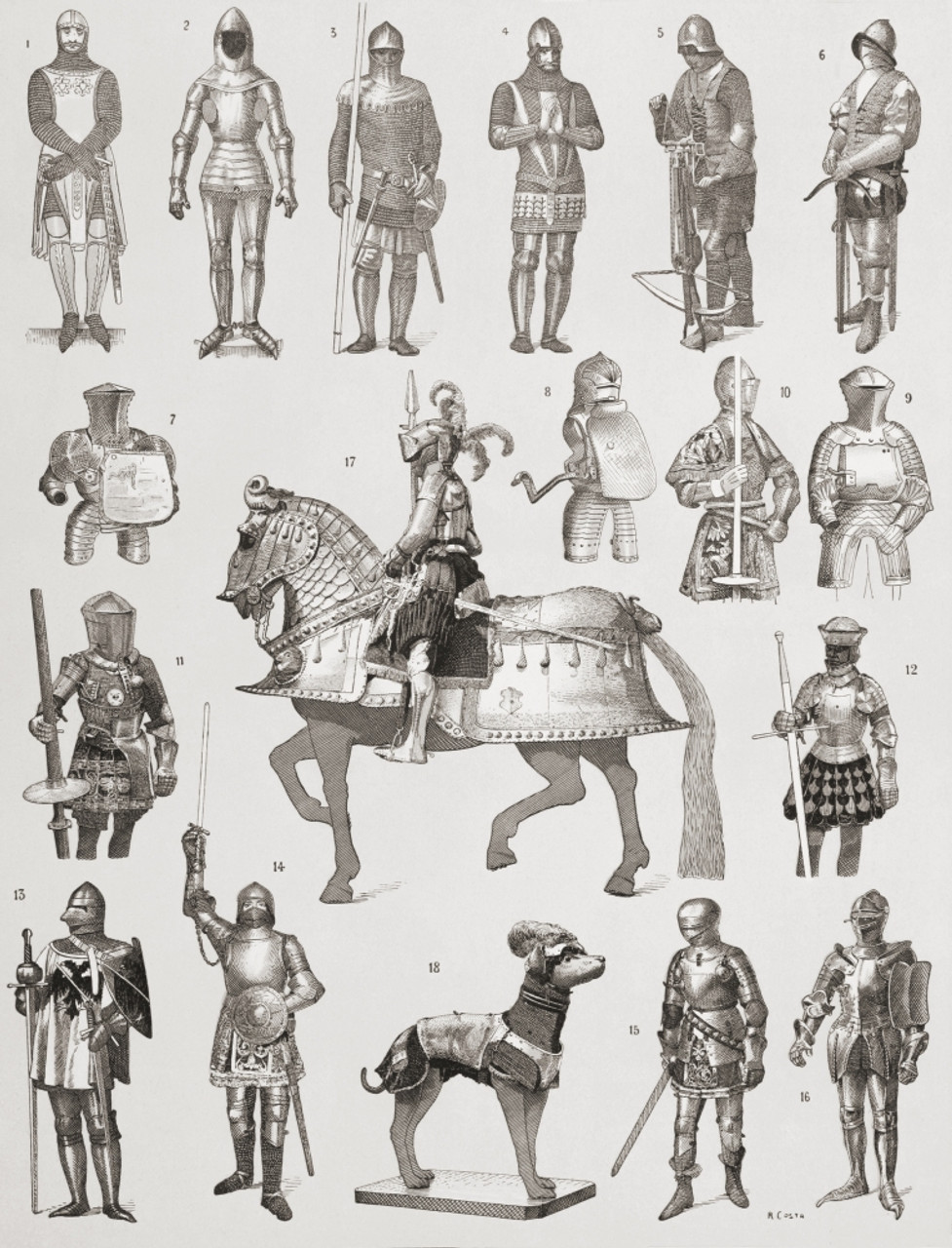 Suits of armour. 14th century. 1. Spanish 2. Full French suit 3