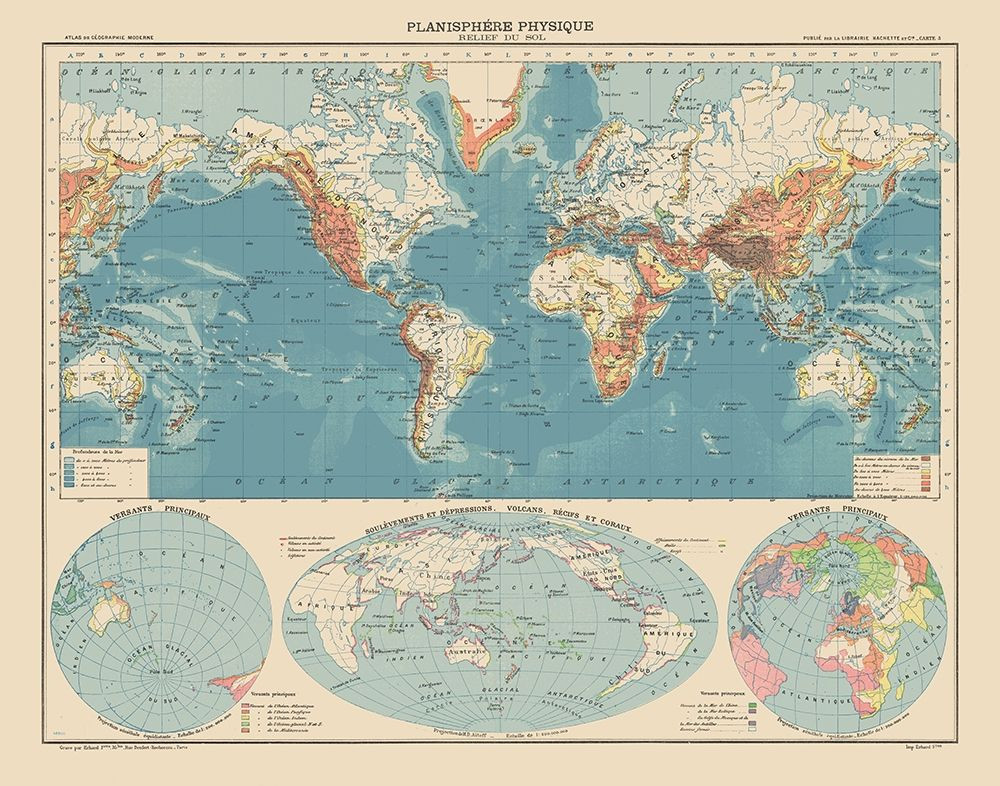 Physical Planisphere Terrain Floor - Schrader 1908 Poster Print by ...