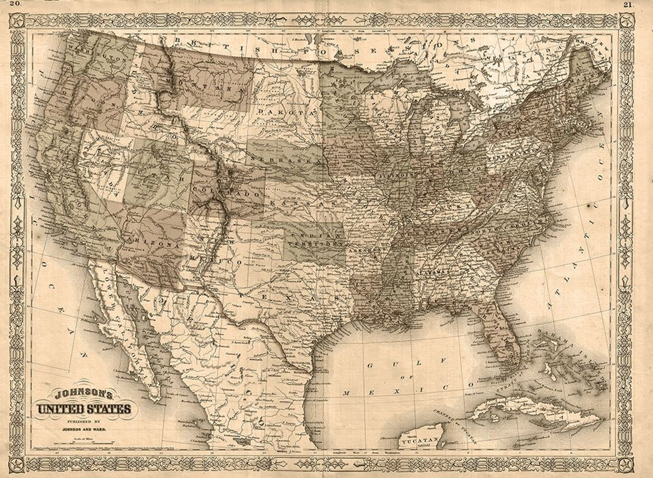 1866 Johnson Map of the United States Antiqued Poster Print
