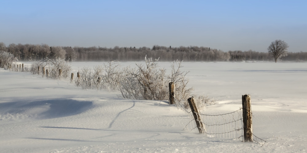 Winter landscape with snowy fields, fence and blue sky; Sault St