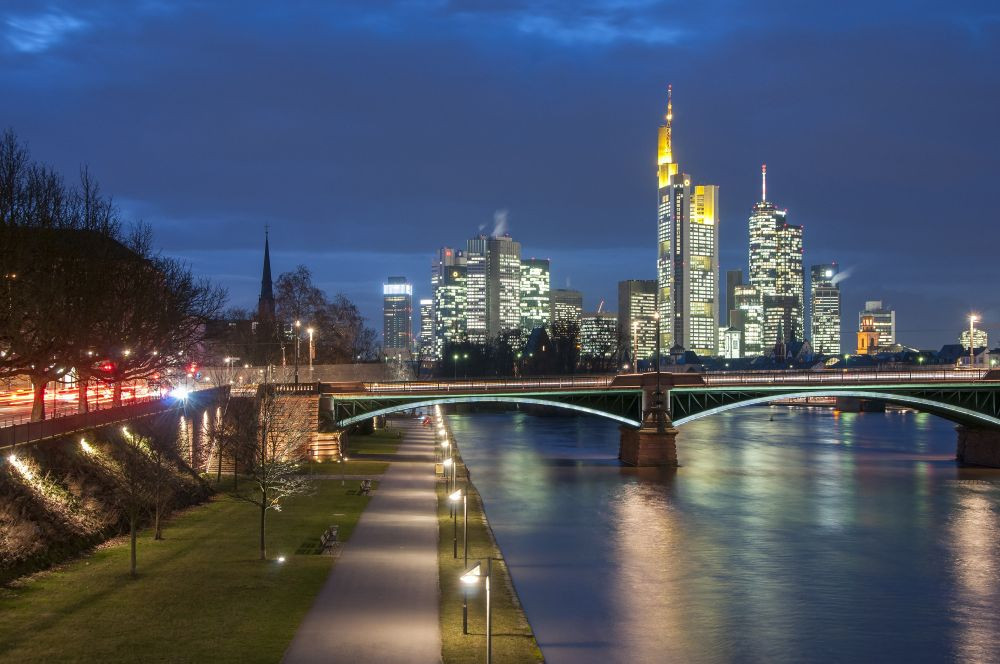 Riverside at the River Main and skyscrapers of Frankfurts business