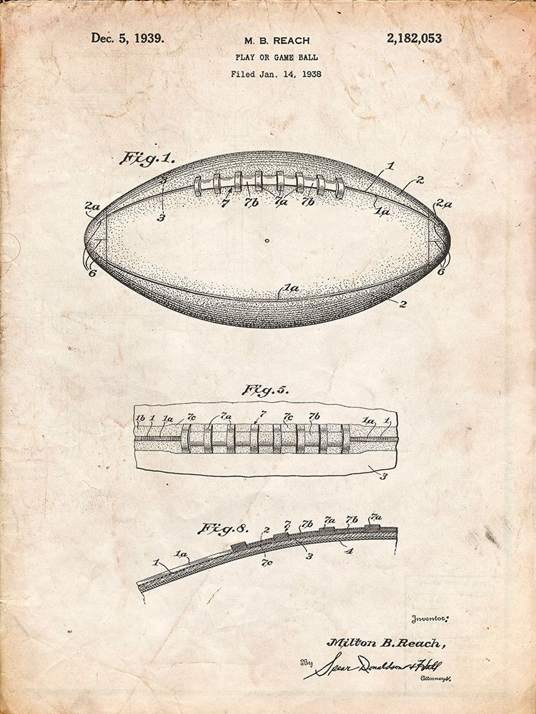 PP71Vintage Parchment Football Game Ball Patent Poster Print Cole