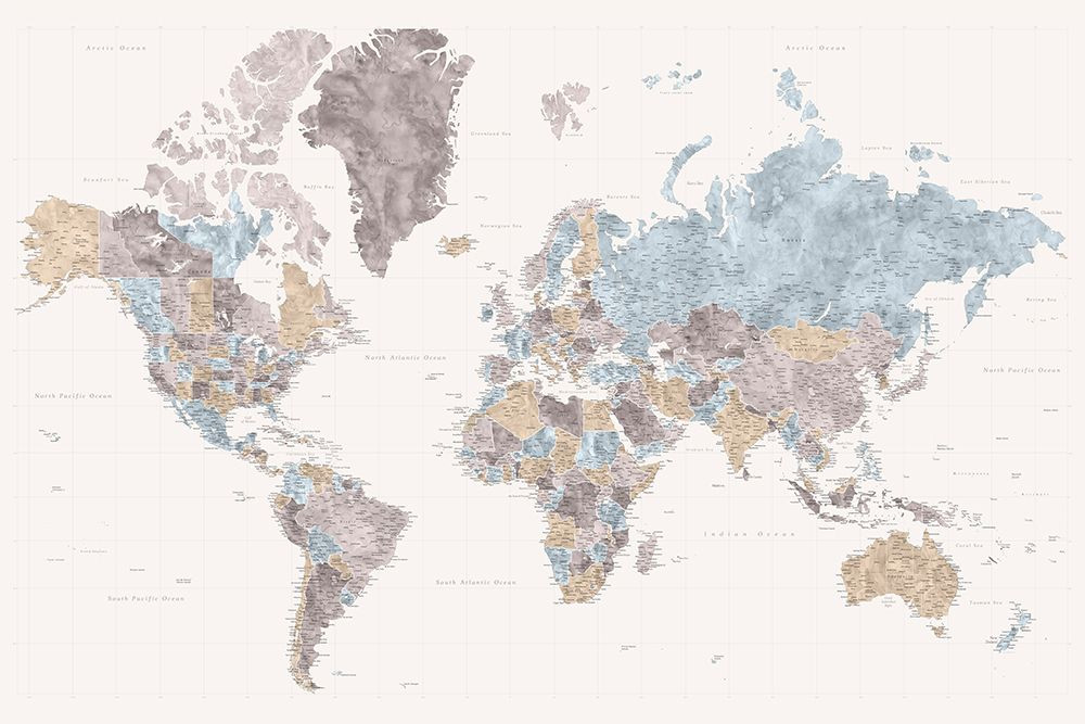 Mahler highly detailed world map with cities Poster Print - Blursbyai ...