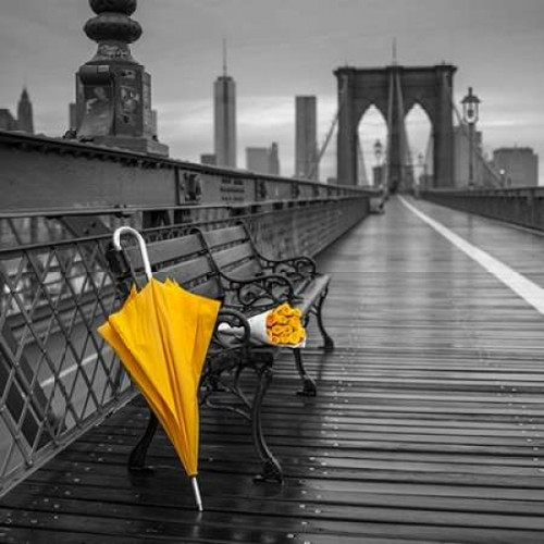 Yellow umbrella and bunch of roses on bench on pedestrian pathway, Brooklyn bridge, New York Poster Print by  Assaf Frank - Item # VARPDXAF20131116297C02