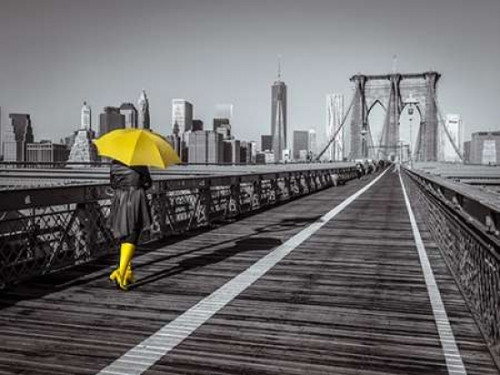 Female tourist with umbrella taking a walk on pedestrian walkway on Brooklyn bridge, New York Poster Print by  Assaf Frank - Item # VARPDXAF20131116402C03