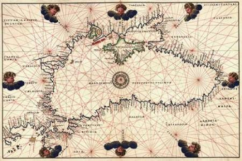 Portolan or Navigational Map of the Black Sea showing anthropomorphic winds Poster Print by  Battista Agnese - Item # VARPDX379311
