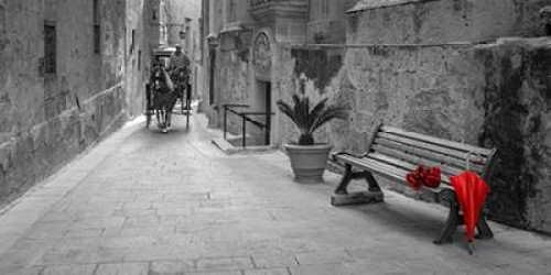 Umbrella with bunch of roses on bench, Mdina, Malta Poster Print by  Assaf Frank - Item # VARPDXAF201505161693C02
