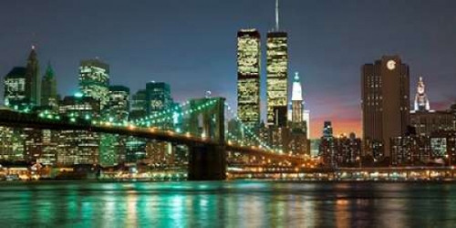 The Brooklyn Bridge and Twin Towers at Night Poster Print by Barry Mancini - Item # VARPDX2AP3679