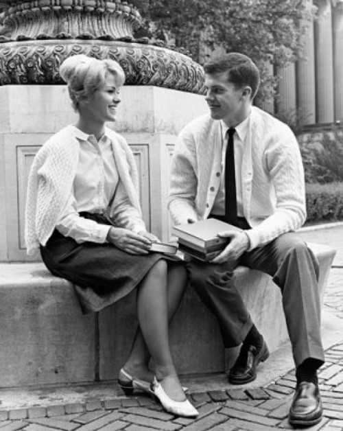 Two college students sitting on a ledge and smiling Poster Print - Item # VARSAL25518378A