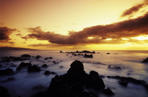 USA, Hawaii Islands, Long Exposure; Maui, Kahoolawe And Molokini Islands In Distance, Sunset Over Rocky Beach PosterPrint - Item # VARDPI1973855