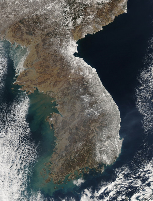 Satellite view of snowfall along South Korea's east coast Poster Print