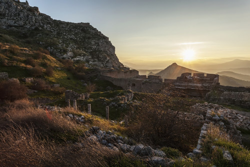 Ruins of stone buildings and walls at sunset; Corinth, Greece PosterPrint - Item # VARDPI12286932