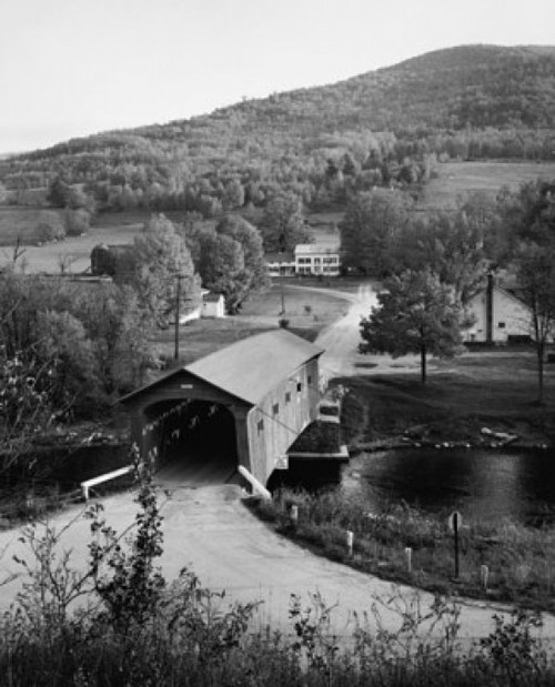 High angle view of a covered bridge across a river  West Arlington  Vermont  USA Poster Print - Item # VARSAL25522242