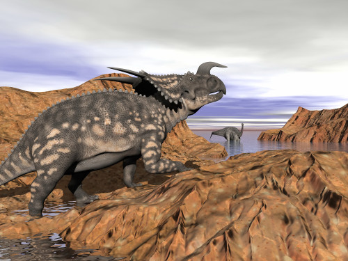 Einiosaurus dinosaur on a rock observing an Argentinosaurus dinosaur in the water Poster Print - Item # VARPSTEDV600024P