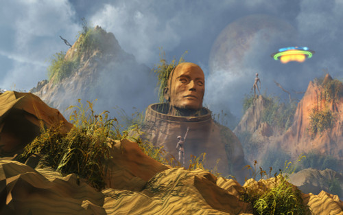 Reptoid aliens exploring an alien world discover an enormous statue of a humanoid being Poster Print - Item # VARPSTMAS100404S