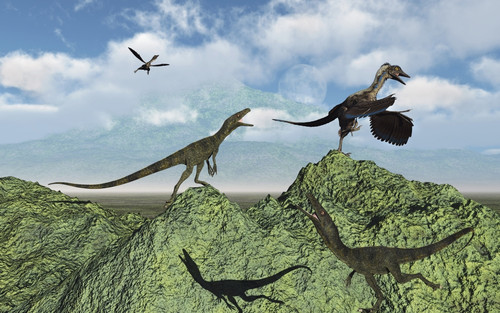 Juravenators chasing Archaeopteryx during the Jurassic Period in what is modern day Germany Poster Print - Item # VARPSTMAS600023P