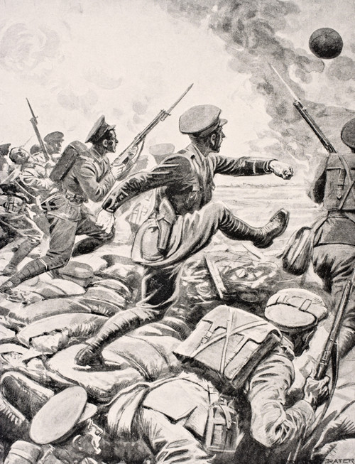 British Officer Kicks Football Towards German Lines To Inspire His Platoon To Charge With Him From The War Illustrated Album Deluxe Published London 1916 PosterPrint - Item # VARDPI1855336