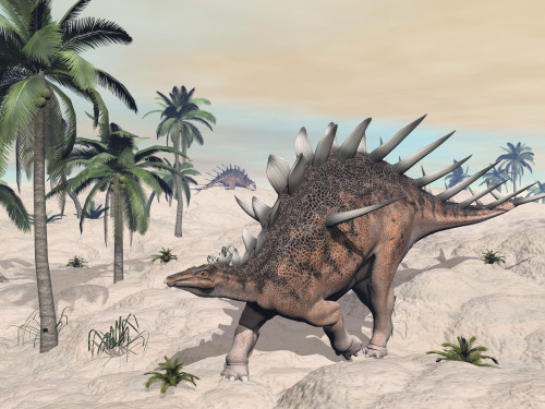 Kentrosaurus dinosaurs walking in the desert among palm trees Poster Print - Item # VARPSTEDV600110P