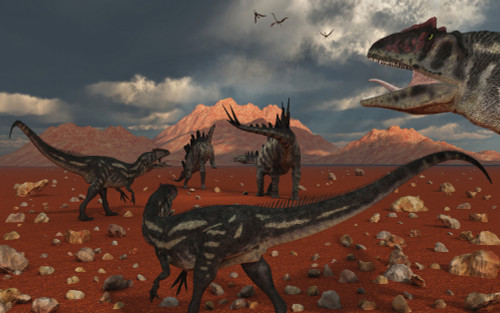 A pack of Allosaurus dinosaurs track down a pair of Stegosaurus Poster Print - Item # VARPSTMAS100016P