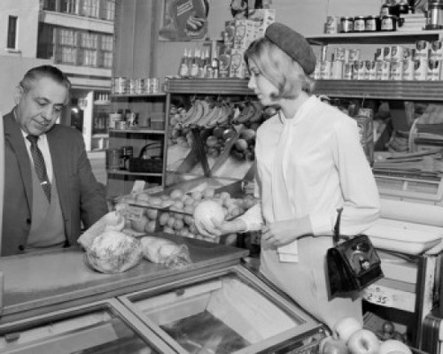 Customer and clerk in grocery store Poster Print - Item # VARSAL255422752