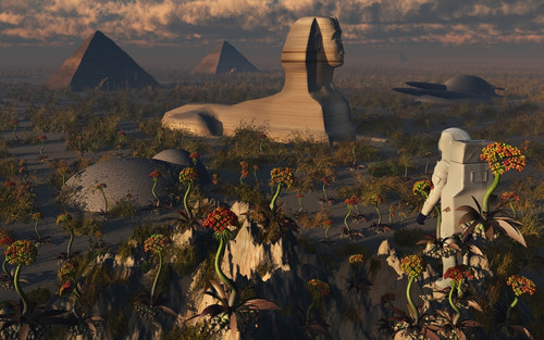 An astronaut explorer comes across familiar structures on an alien landscape Poster Print